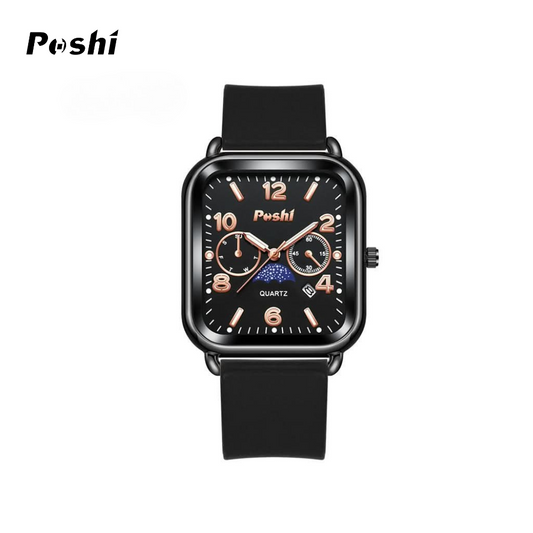 POSHI Men’s Square Quartz Watch with Silicone Strap – Luminous, Calendar
