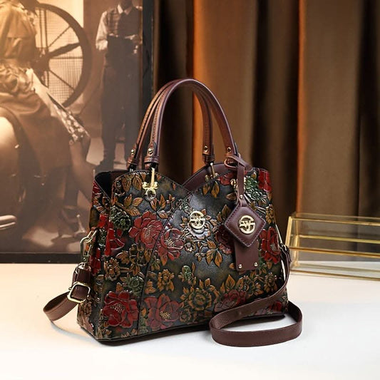 Timeless Vintage Flower Tote Bag - Premium PU Leather with Floral Design