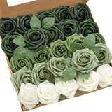 25pcs Forest Green Ombre Artificial Roses - Luxurious & Real-Like