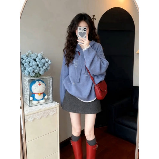 Autumn and Winter Thickened Outer Knitwear Loose Lazy High-End Top Bird Design Pullover Hooded Knitwear for Women