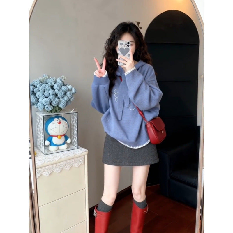 Autumn and Winter Thickened Outer Knitwear Loose Lazy High-End Top Bird Design Pullover Hooded Knitwear for Women