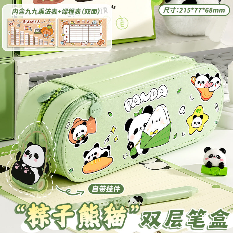 Large-Capacity New Cute Panda Double-Layer Pencil Case Pu Pencil Case Cartoon Multi-Functional Layered Pencil Case for Primary School Students