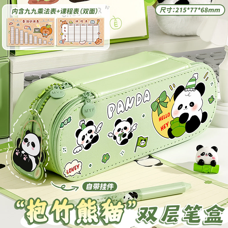 Large-Capacity New Cute Panda Double-Layer Pencil Case Pu Pencil Case Cartoon Multi-Functional Layered Pencil Case for Primary School Students