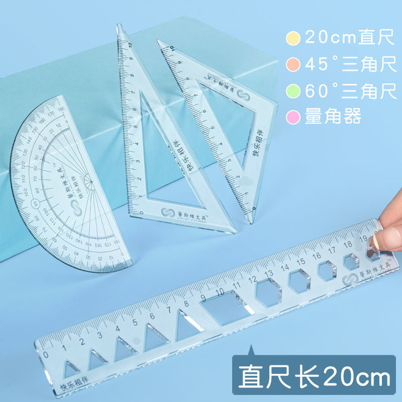 Student Set of Rulers 4-Piece Set Ruler 20cm Triangle Set Ruler Protractor Multi-Functional Primary School Student Macaron