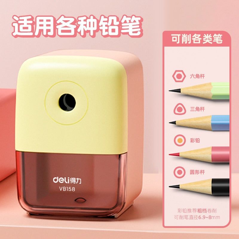 Deli Automatic Pen-Feeding Manual Pencil Sharpener with Multiple Settings for Students, Cartoon Style, Wholesale