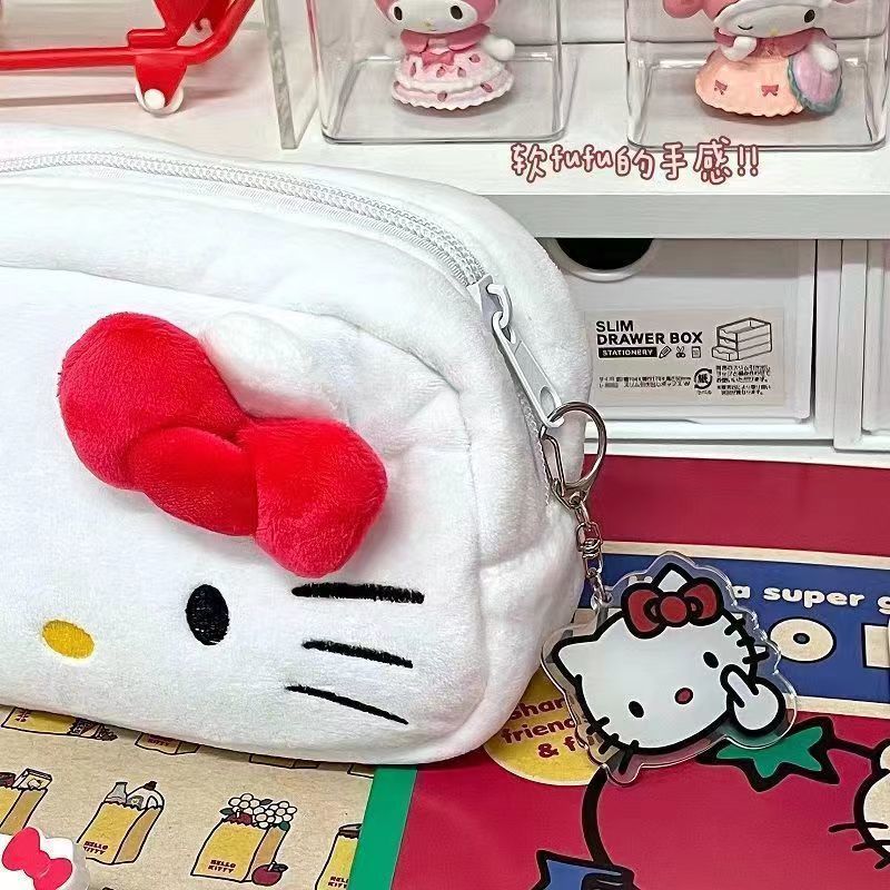 Japanese-Style Cartoon Kt Cat Ear Plush Pencil Case, High-Capacity, High-Appearance Value, Suitable for Middle and High School Students