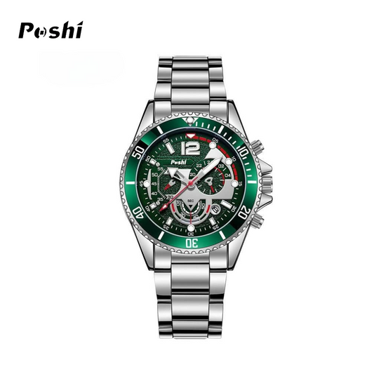 POSHI Men’s Stainless Steel Quartz Watch – Luminous Hands, Calendar Display