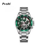 POSHI Men’s Stainless Steel Quartz Watch – Luminous Hands, Calendar Display