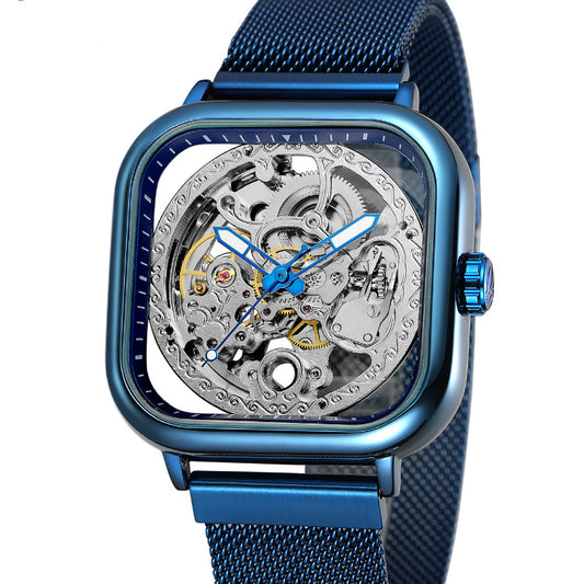 Forsining Men’s Square Mechanical Watch – Stainless Steel Skeleton Dial, Luminous Hands