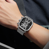 SANDA Men's Square Quartz Watch – Waterproof Luminous Mesh Stainless Steel Strap