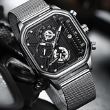 SANDA Men's Mesh Steel Square Quartz Watch – Multifunction Calendar Waterproof Timepiece