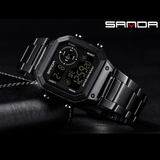 Sanda Men’s Black Square Digital Watch – Waterproof Stainless Steel Hip-Hop Sports Watch