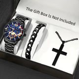 3pcs Set: Men's Calendar Watch, Silvery Bracelet, and Cross Pendant Necklace