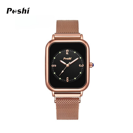 POSHI Women's Luminous Square Quartz Watch – Fashion Mesh Strap, Magnetic Buckle