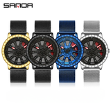 Sanda Men’s Quartz Watch – Hollow Dial, Mesh Stainless Steel Band, Waterproof Timepiece