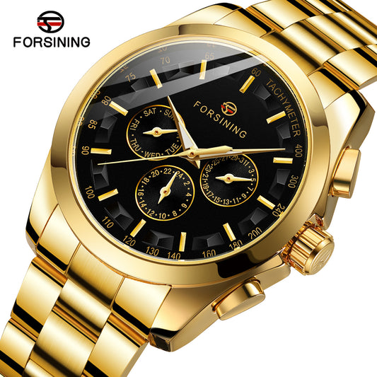 FORSINING Men's Casual Mechanical Watch – Three-Eye, Six-Pin Design