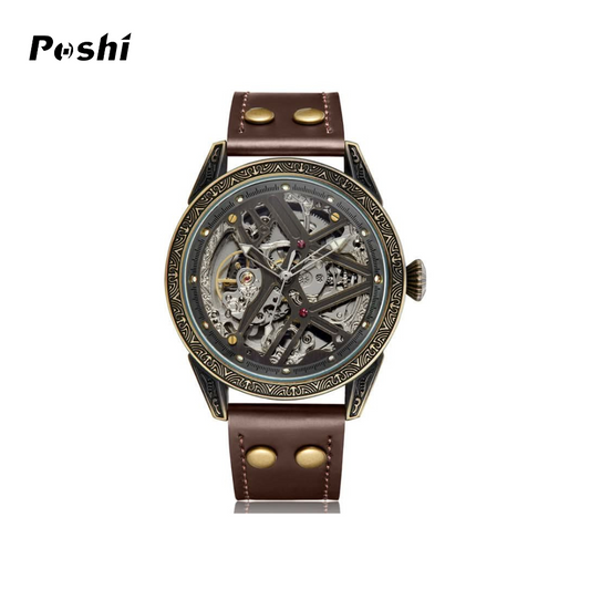 POSHI Men's Skeleton Mechanical Watch – Bronze Automatic, Leather Strap