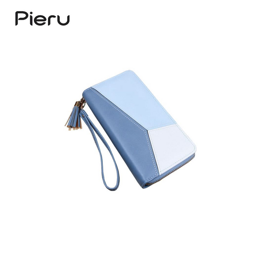 Pieru Women’s Long Wallet – Contrast Stitching PU Leather Clutch