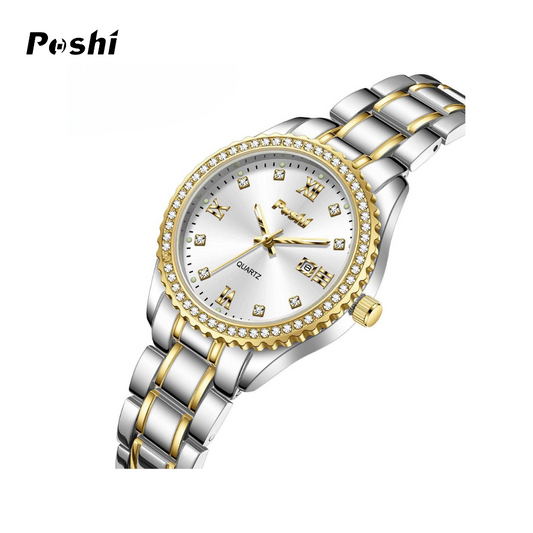 POSHI Women's Diamond-Accented Quartz Watch – Luminous, Calendar Display