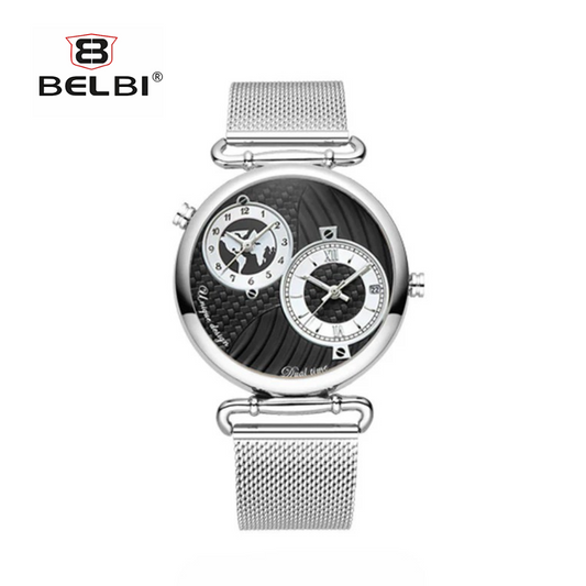 BELBI Men’s Dual-Time Quartz Watch – Stainless Steel Strap, Calendar Display