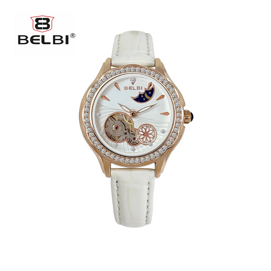 BELBI Women’s Tourbillon Mechanical Watch – Luxury Round Dial, Leather Strap