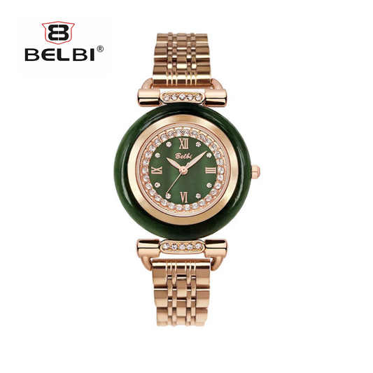BELBI Women's Jade Quartz Watch – Jadeite Dial, Stainless Steel Strap