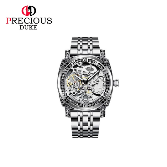 PRECIOUS DUKE Men’s Classic Quartz Watch – Engraved Dial, Stainless Steel Band