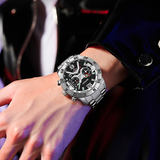 SANDA Men’s Quartz Watch – Three-Eye Steel Band Fashion Shockproof Timepiece