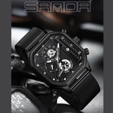 SANDA Men's Mesh Steel Square Quartz Watch – Multifunction Calendar Waterproof Timepiece