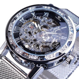 Forsining Men's Skeleton Mechanical Watch – Rhinestone Dial, Luminous Hands, Mesh Strap