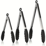 3-Pack Silicone & Stainless Steel Food Tongs - Multifunctional Kitchen Utensils