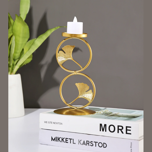 Nordic Gold Iron Candlestick with Ginkgo Leaf Pattern – Elegant Candle Holder