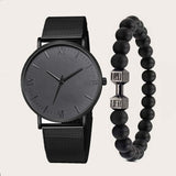 2pcs Men's Casual Roman Scale Mesh Quartz Watch & Dumbbell Bracelet Set