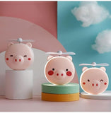 Portable Mini USB Fan – Cute Piggy Beauty Mirror Fan with LED Light & Handheld Design