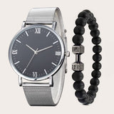 2pcs Men's Casual Roman Scale Mesh Quartz Watch & Dumbbell Bracelet Set