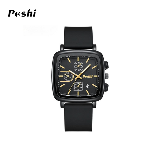 POSHI Men’s Square Silicone Strap Quartz Watch – Three-Eye Design, Calendar