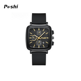 POSHI Men’s Square Silicone Strap Quartz Watch – Three-Eye Design, Calendar