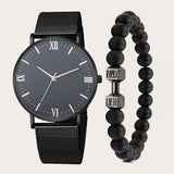 2pcs Men's Casual Roman Scale Mesh Quartz Watch & Dumbbell Bracelet Set