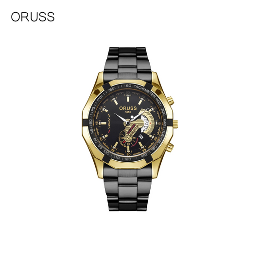 ORUSS Men’s Large Dial Quartz Watch – Fashion Steel Band, Calendar Display