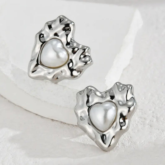 Textured Heart Pearl Stud Earrings for Women – Modern Titanium Steel Jewelry