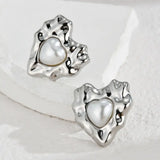 Textured Heart Pearl Stud Earrings for Women – Modern Titanium Steel Jewelry
