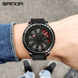 Sanda Men’s Quartz Watch – Hollow Dial, Mesh Stainless Steel Band, Waterproof Timepiece