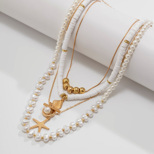 Layered Pearl Luxe Sea Charm Necklace for Women – Fashionable Alloy Jewelry