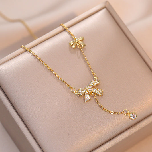 Bow and Bee Pearl Pendant Necklace for Women – Korean Style Titanium Steel Jewelry
