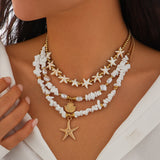 Layered Bead Shell Charm Necklace for Women – Fashionable Alloy Jewelry