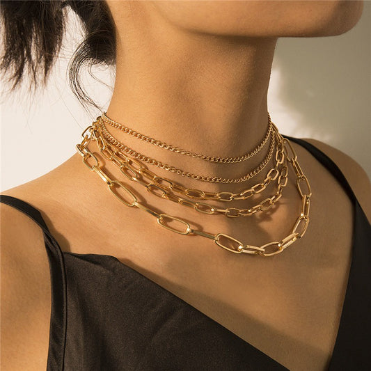 Geometric Layered Chain Necklace – Retro Punk Multi-Layer Statement Jewelry for Women