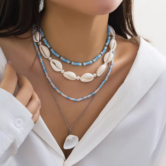 Blue Shell Harmony Dual Bead Necklace for Women – Fashionable Alloy Jewelry