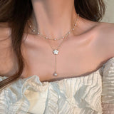 Floral Pearl Accent Necklace for Women – Korean Style Titanium Steel Jewelry