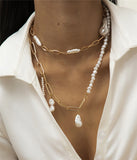 Layered Pearl Chain Necklace – Gold-Tone Irregular Baroque Jewelry for Women