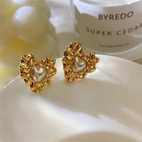 Textured Heart Pearl Stud Earrings for Women – Modern Titanium Steel Jewelry